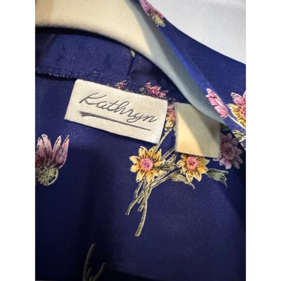 Vintage Kathryn Navy Floral Satin Pajama Set Nightgown and Robe Medium - Picture 11 of 13